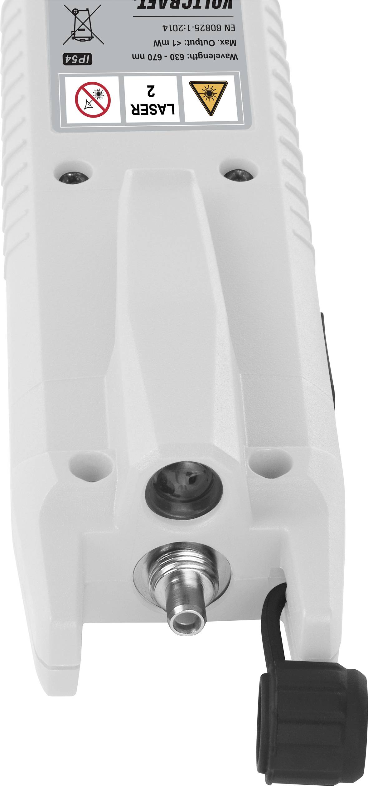 Un dispositif laser blanc avec un autocollant de sécurité avertissant des dangers du rayonnement laser, et une connexion métallique à l'avant.