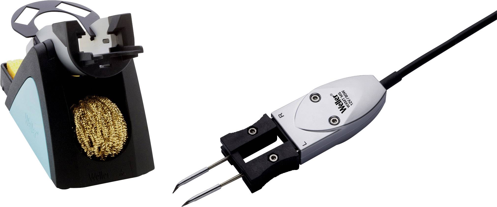 Fer à souder avec pince et support, prêt à être utilisé pour des travaux électroniques.