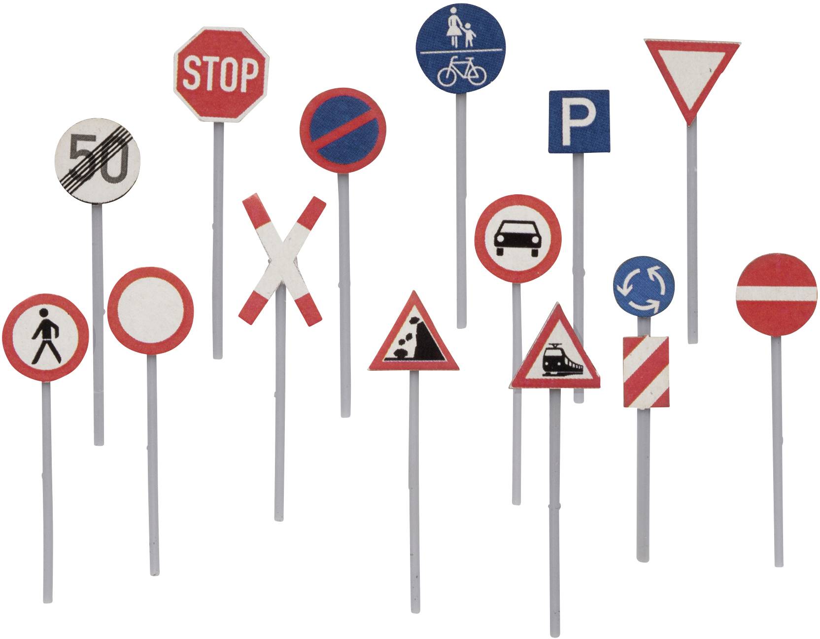 Plusieurs panneaux de signalisation, dont 'Stop', 'Stationnement interdit', 'Zone piétonne', 'Sens unique', et des panneaux de limitation de vitesse.