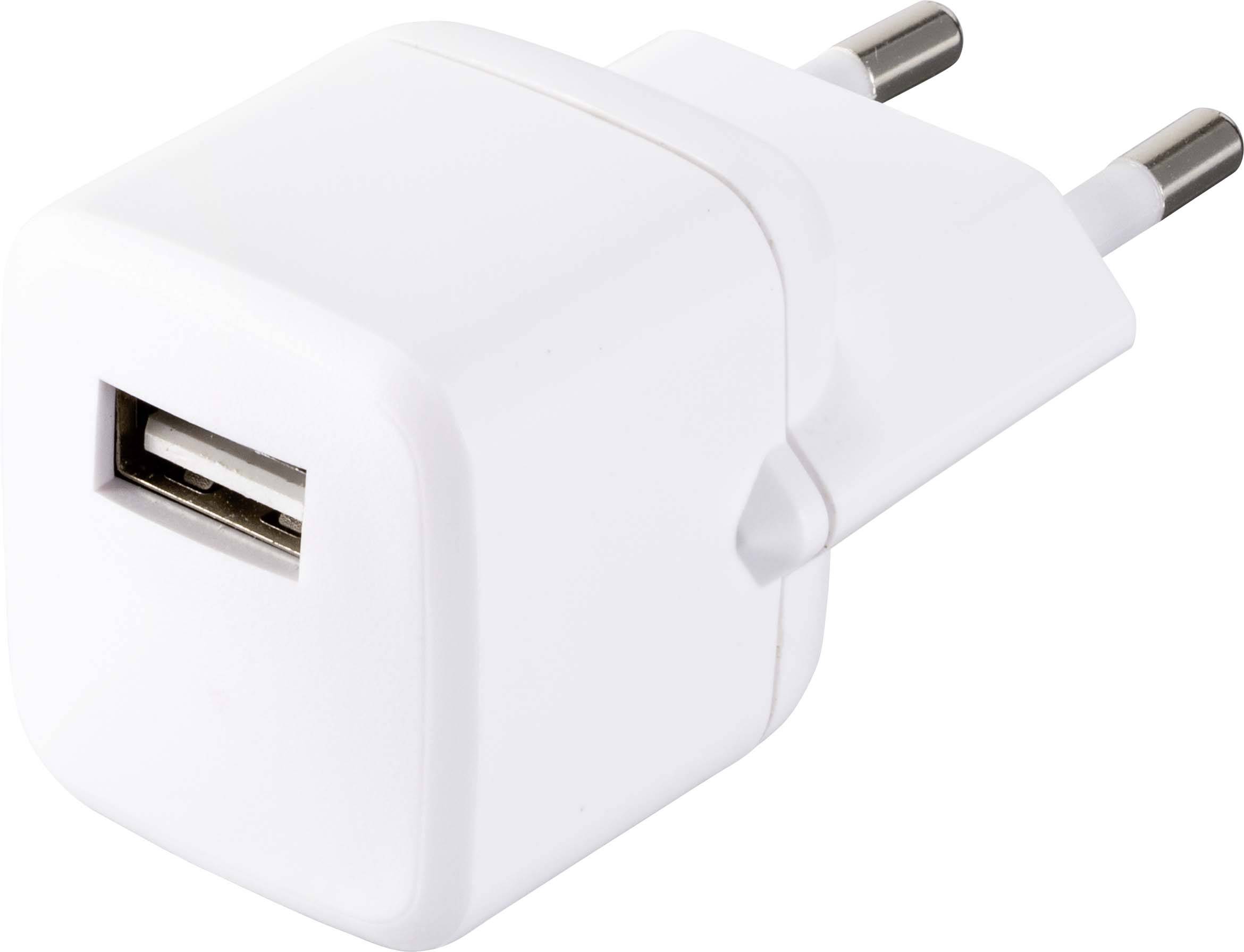 Un adaptateur mural USB blanc avec des broches de contact, adapté pour charger des appareils électroniques.