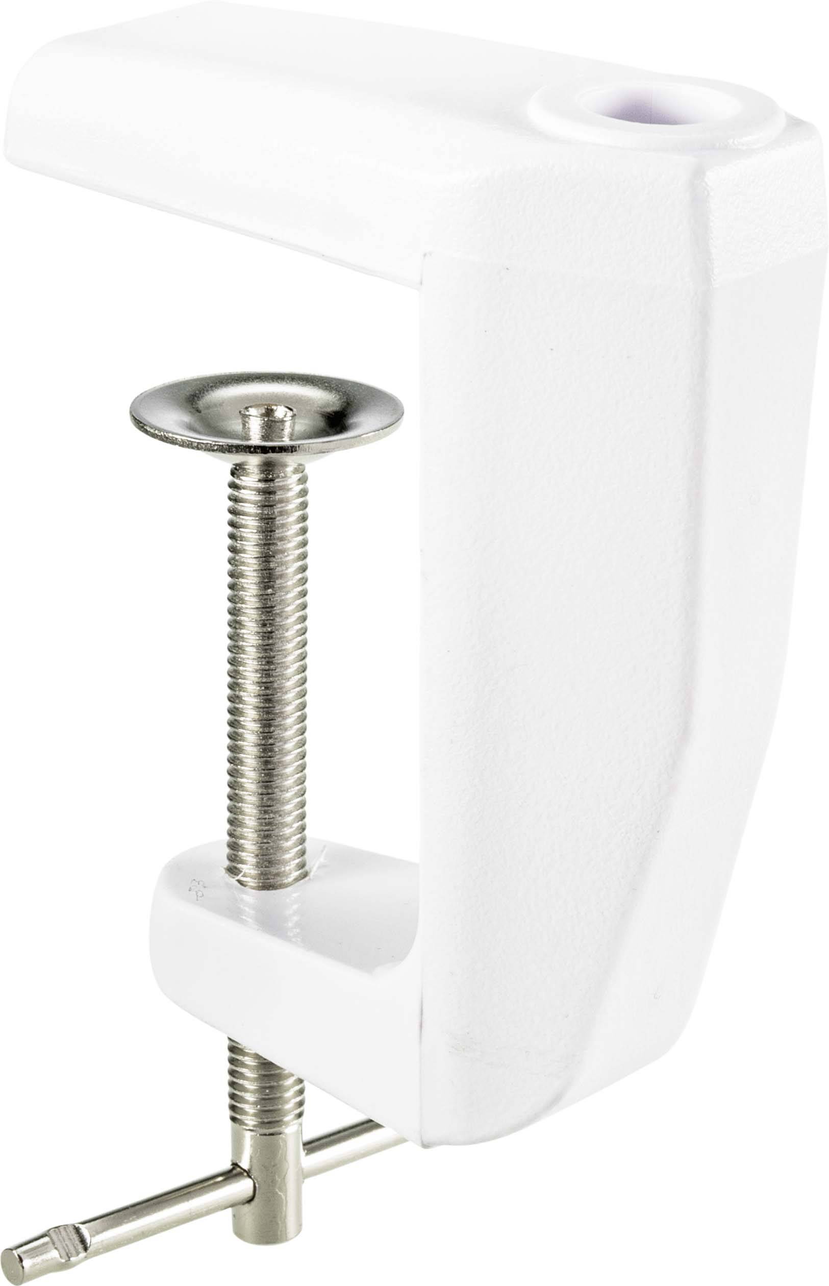Une pince de table blanche avec mécanisme à vis, utilisée pour fixer des objets à une surface ou au bord d'une table.