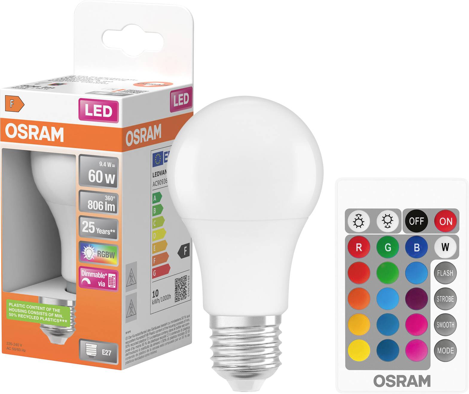Ampoule LED OSRAM avec boîte et télécommande, montrant une ampoule RGBW dimmable, emballage et télécommande changeant de couleur avec boutons marche/arrêt et mode.