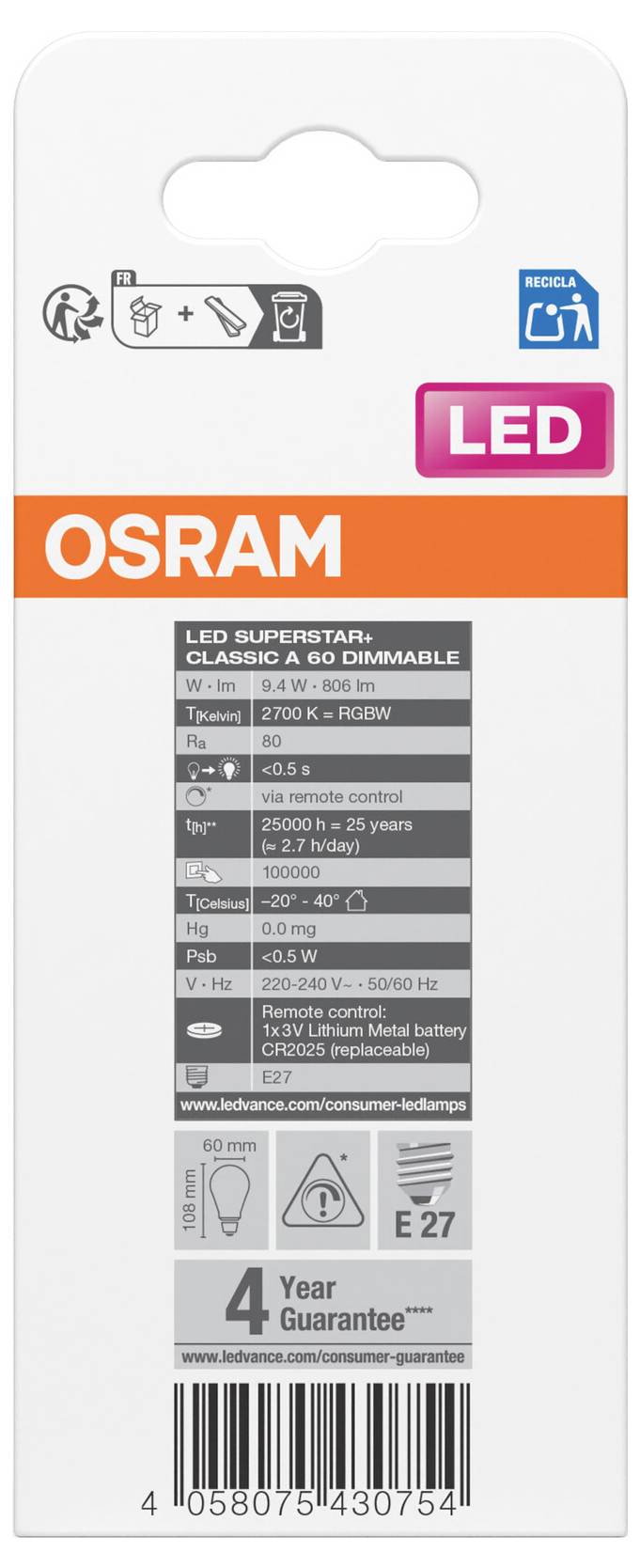 Ampoule LED OSRAM Superstar Classic A 60 gradable, blanc chaud 2700K, culot E27, garantie 4 ans.