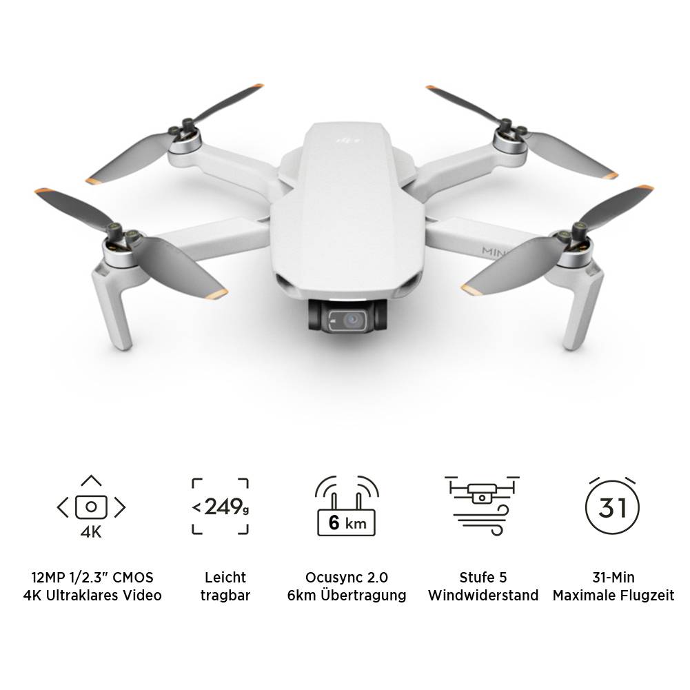 Drone quadricoptère DJI Mini 2 prêt à voler (RtF) fonction GPS, prises de vue aériennes blanc