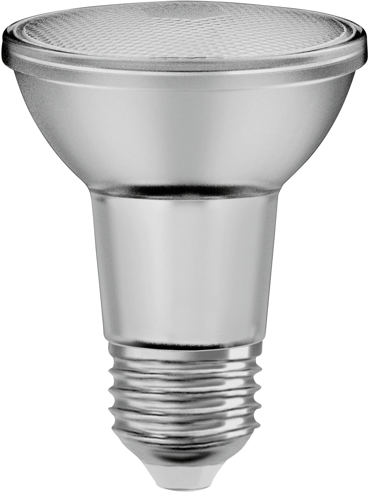 Une lampe LED argentée avec un culot E27, adaptée pour une utilisation dans des supports d'éclairage standard.
