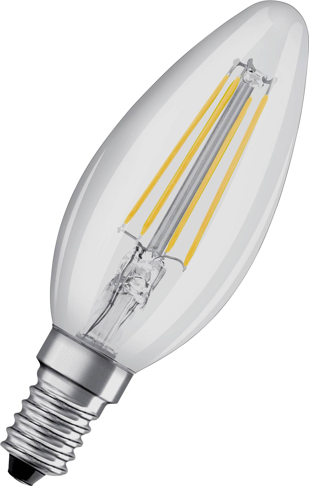 Une lampe bougie LED dans un design en verre transparent avec des filaments visibles et une base à vis.
