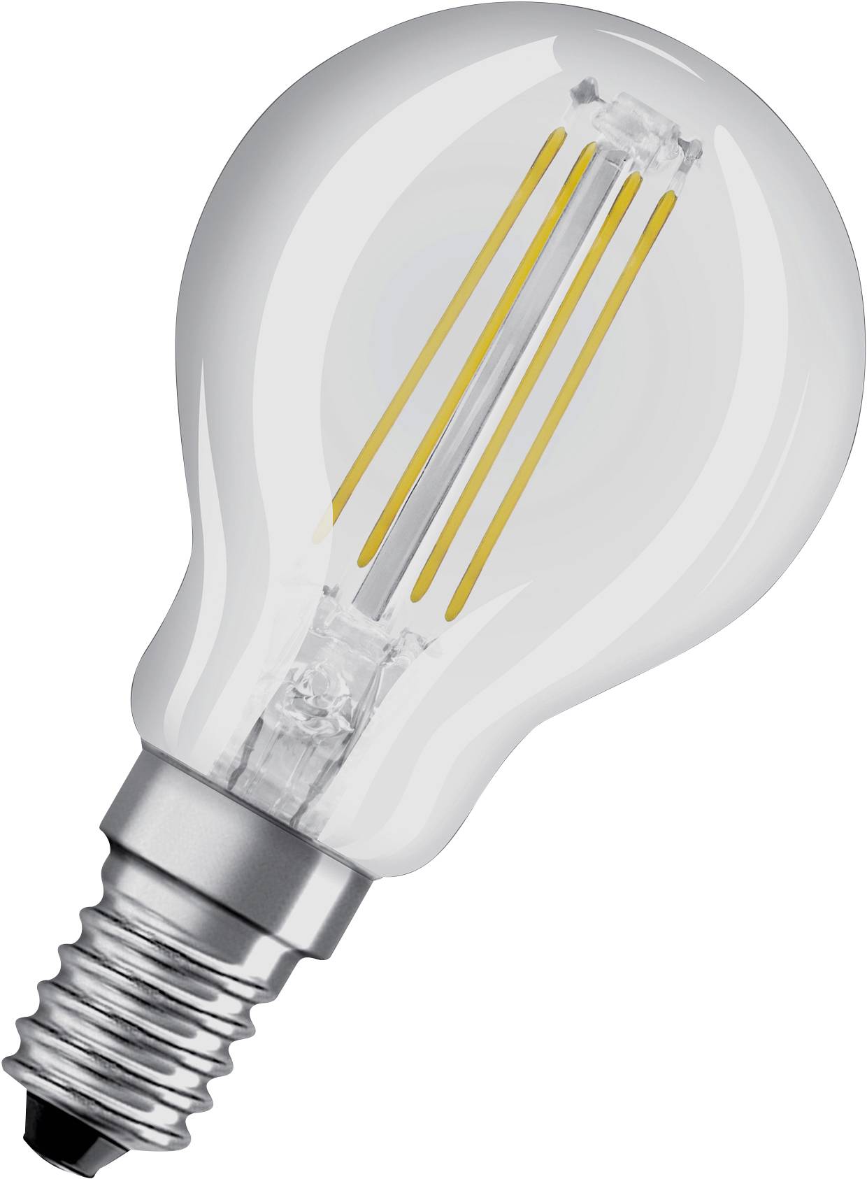 Une ampoule LED avec des filaments jaunes visibles et une douille argentée, sur un fond neutre.