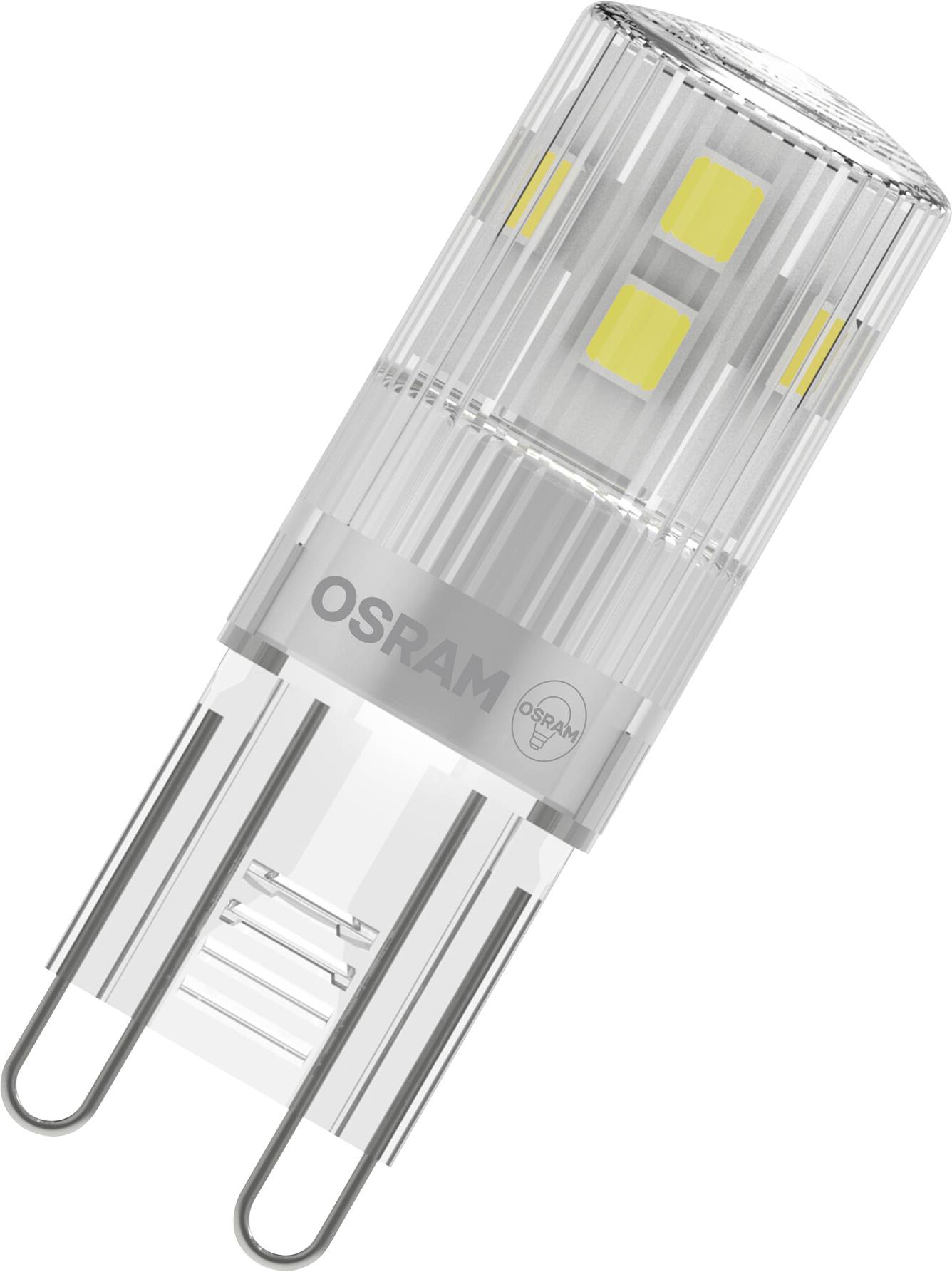 Lampe LED avec boîtier transparent ; diodes jaunes visibles à l'intérieur ; inscription 'OSRAM' sur le côté.
