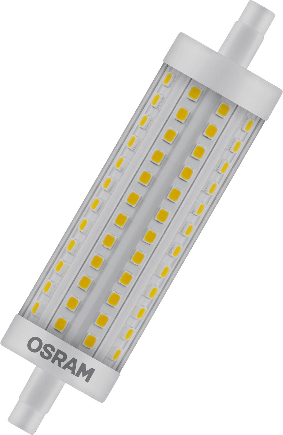 Lampe LED d'OSRAM à forme cylindrique avec des diodes jaunes lumineuses sur un fond gris.