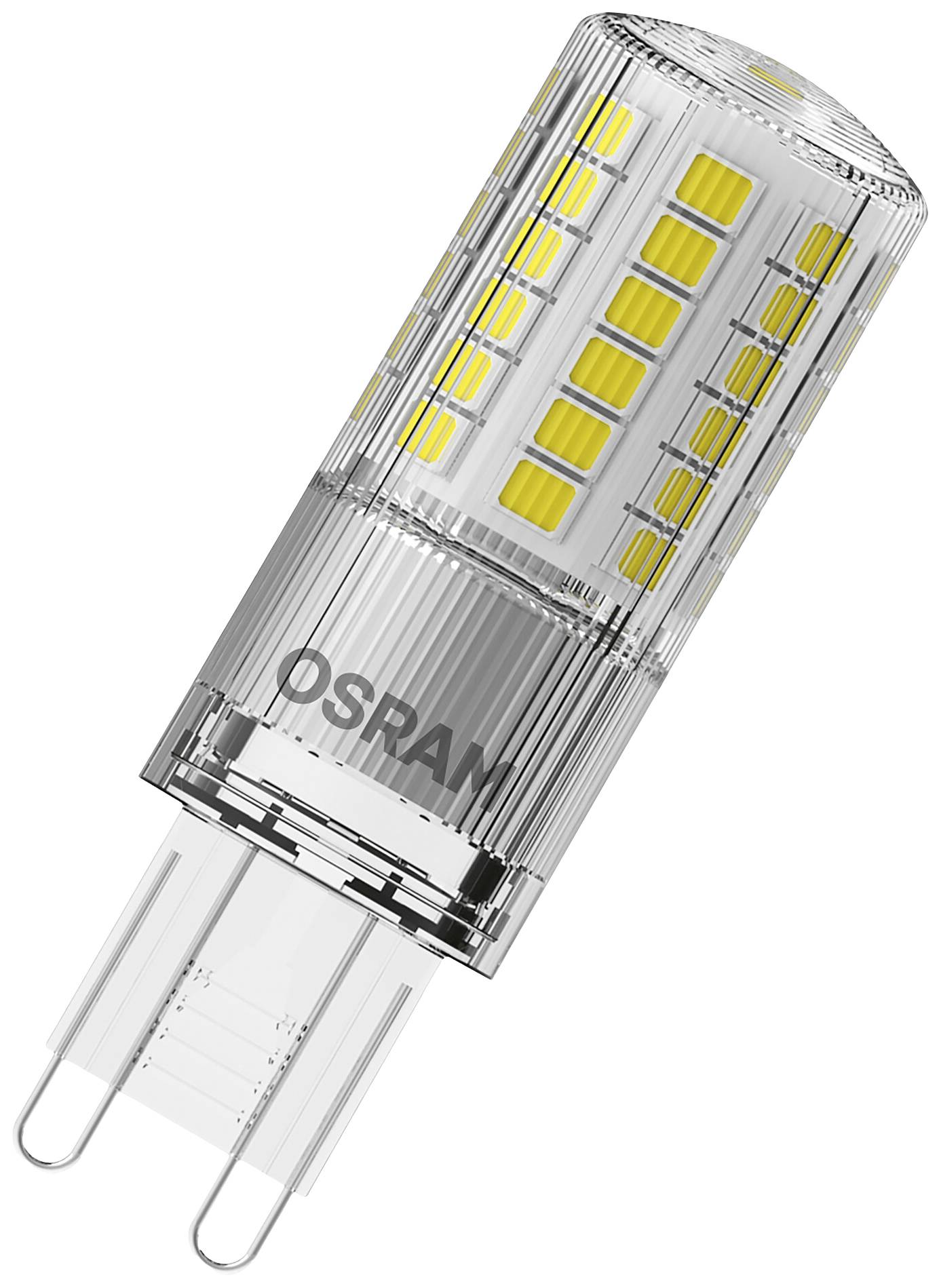 Une lampe LED avec un boîtier transparent et des puces jaunes visibles. Le nom de marque 'OSRAM' est lisible sur la surface.