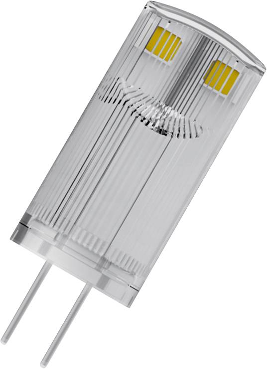 Une lampe à socle de stylo LED transparente avec deux broches métalliques, adaptée aux économies d'énergie dans les luminaires compacts.