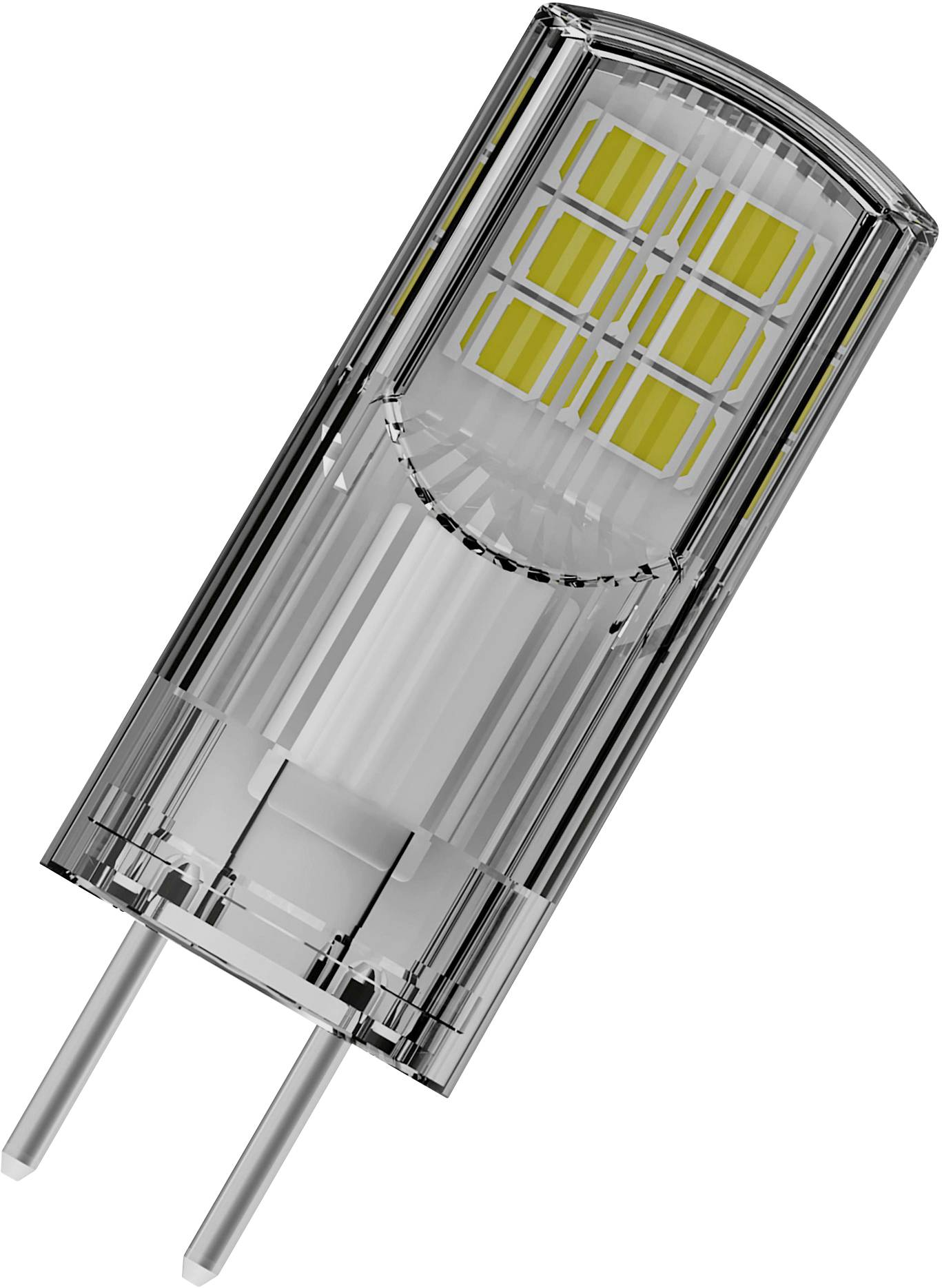 Une ampoule LED transparente avec douille G4, montrant des modules lumineux jaunes à l'intérieur. Idéale pour un éclairage économe en énergie dans les petites lampes.