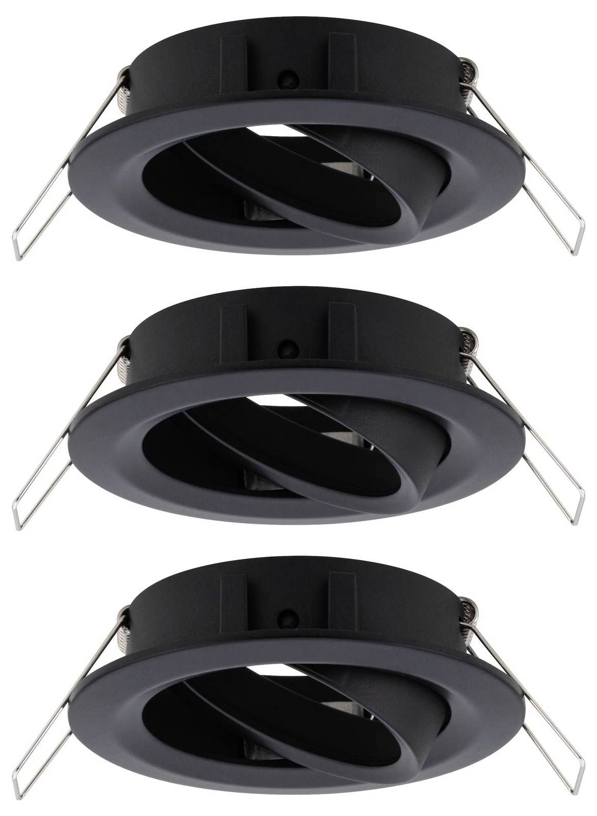 Trois spots encastrables noirs avec supports orientables et attaches métalliques, présentés en rangée verticale.