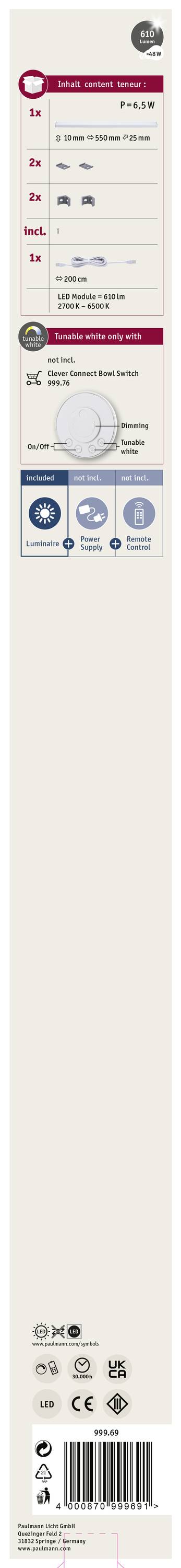 Paulmann CC Barre Eclairage de vitrine 6.50 W blanc chaud chrome