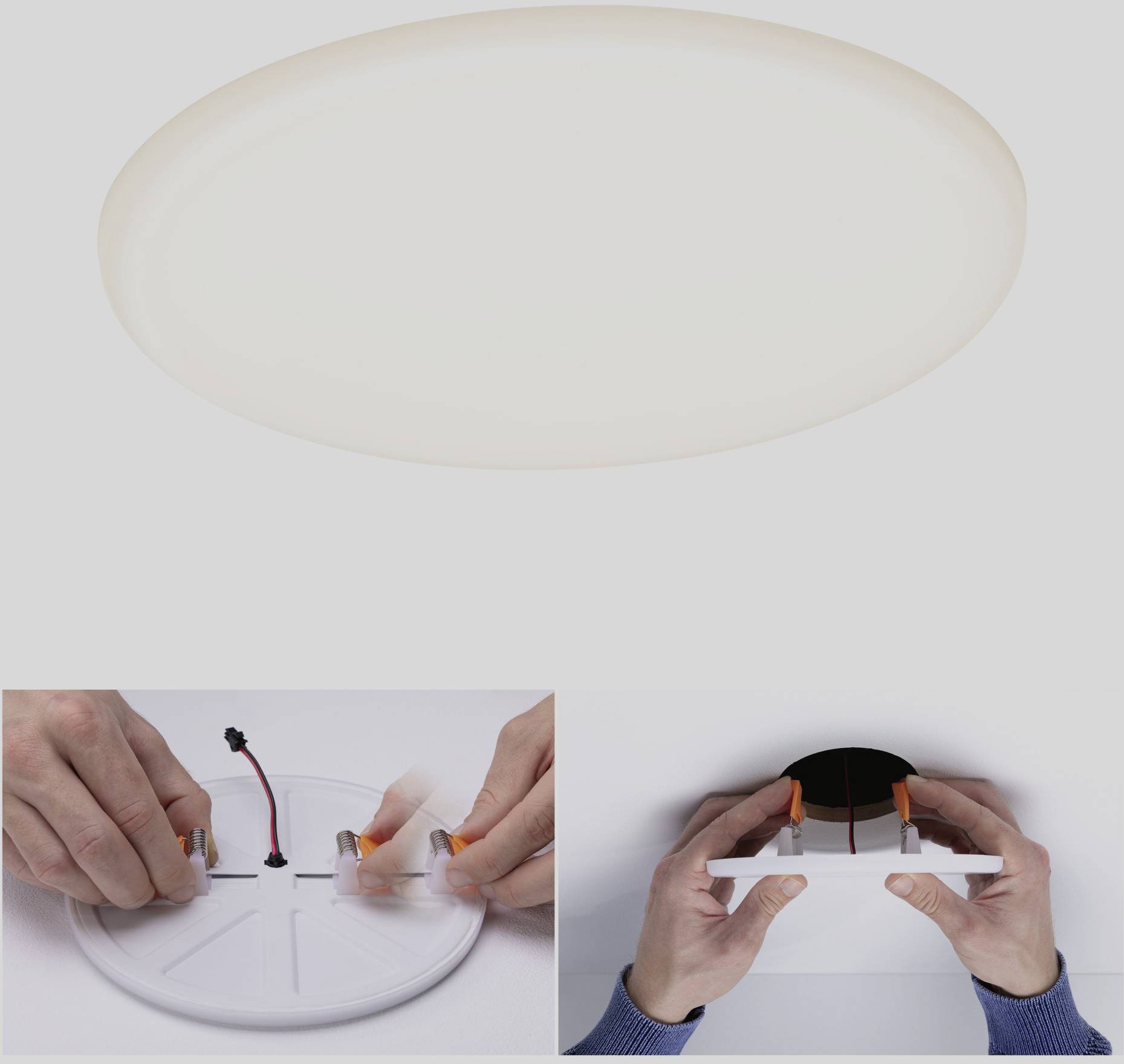 En haut : Un luminaire plafonnier circulaire est allumé. En bas à gauche : Des mains connectent des câbles aux bornes à l'arrière du luminaire. En bas à droite : Des mains installent le luminaire.