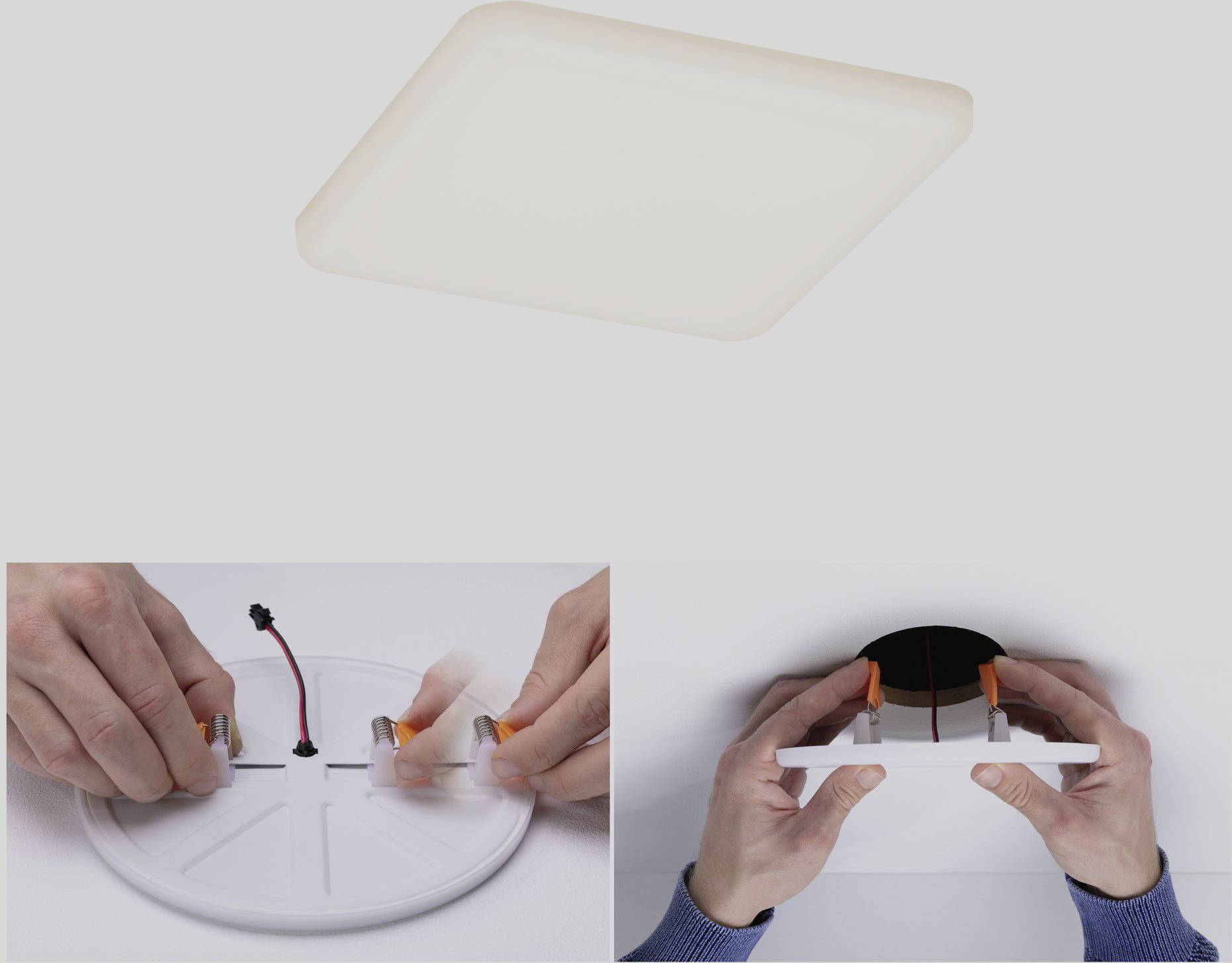 Plafonnier LED : Vue de dessus du corps lumineux carré. En bas à gauche, montage avec des clips ; en bas à droite, fixation au plafond.