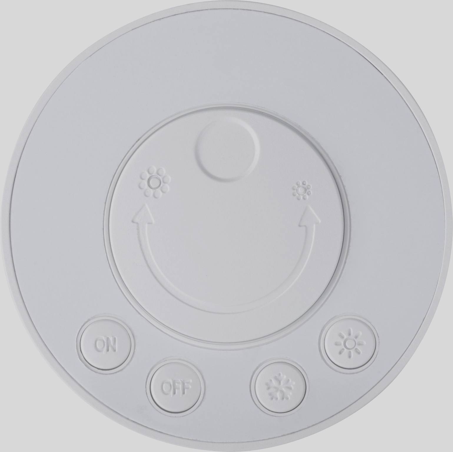 Un interrupteur de ventilateur de plafond rond avec trois symboles : un flocon de neige pour le refroidissement, deux flèches pour la circulation d'air, et un autre flocon de neige. Trois touches : « ON », « OFF » et un symbole de flocon de neige.