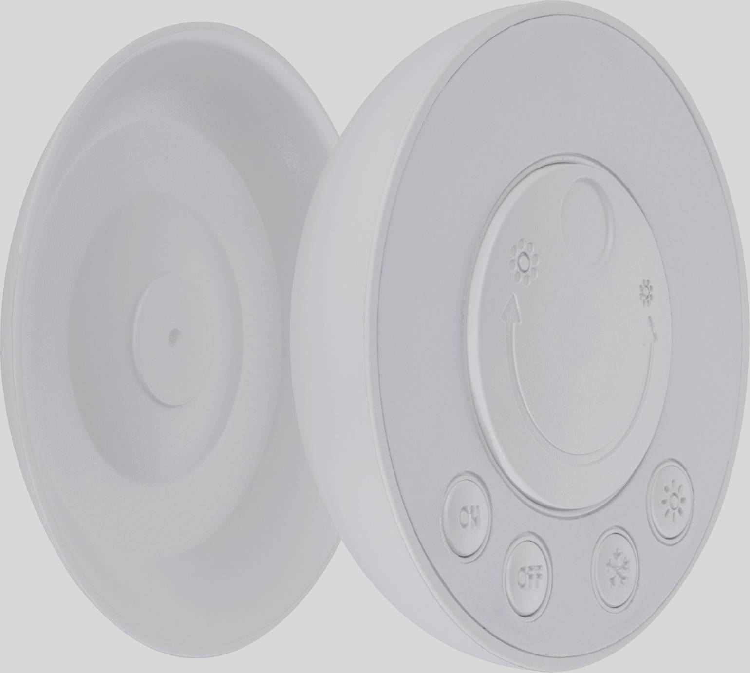 Un interrupteur lumineux blanc et rond avec cinq touches. Les touches sont pourvues de symboles indiquant Marche, Arrêt et différents réglages de luminosité.