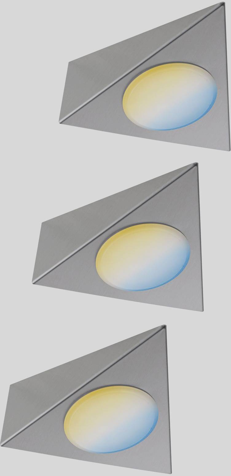 Trois lampes LED triangulaires gris, s'illuminant en bleu et jaune, disposées symétriquement et au design moderne.