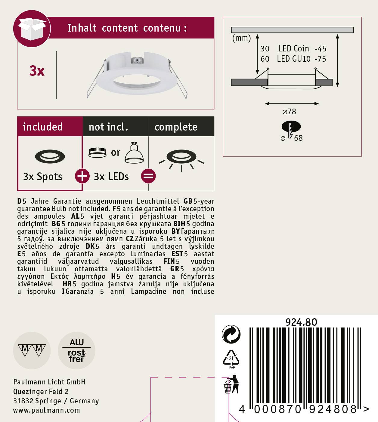 Plafonnier LED : Kit de 3 spots, 3 LEDs incluses, non dimmables, garantie de 5 ans hors ampoules, tension 230V.