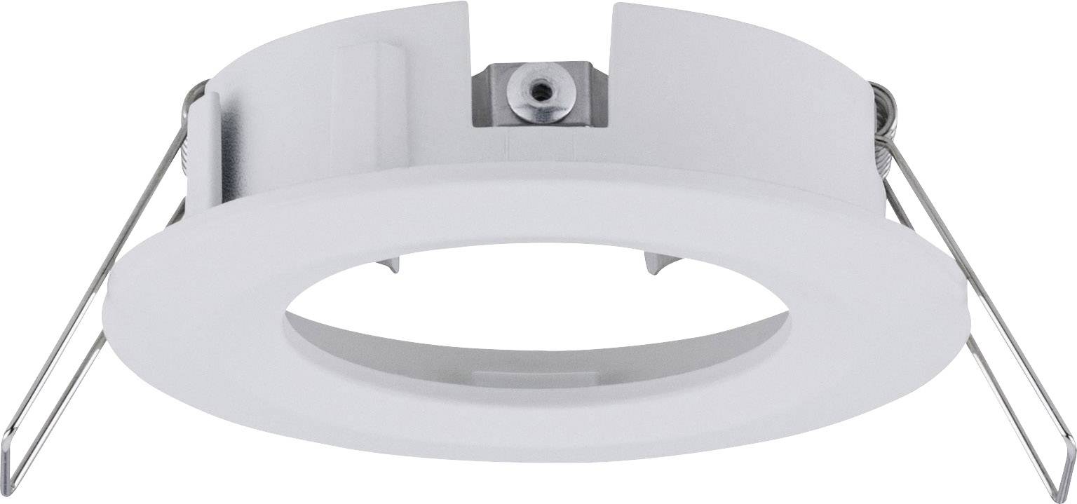Cadre de montage métallique rond avec bordures blanches et pinces de type ressort sur les côtés, pour l'installation de luminaires encastrés.