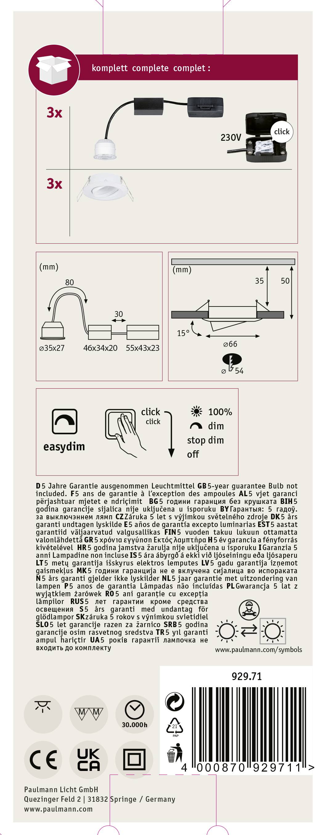 Paulmann 92971 EBL Nova mini Plus Coin Luminaire à LED encastrable jeu de 3 4.20 W blanc