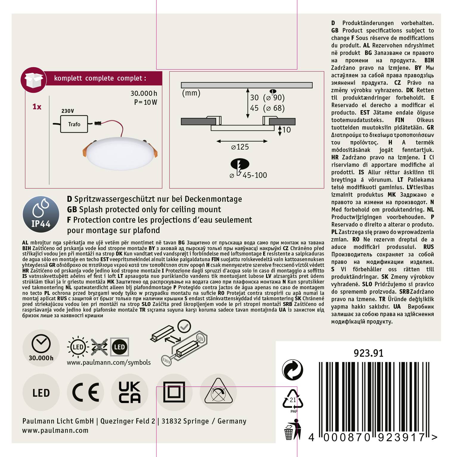 'Plafonnier LED, IP44, 10W, 1x LED inclus, durée de vie de 30 000 heures, protégé contre les projections d'eau, convient uniquement pour une installation au plafond.'