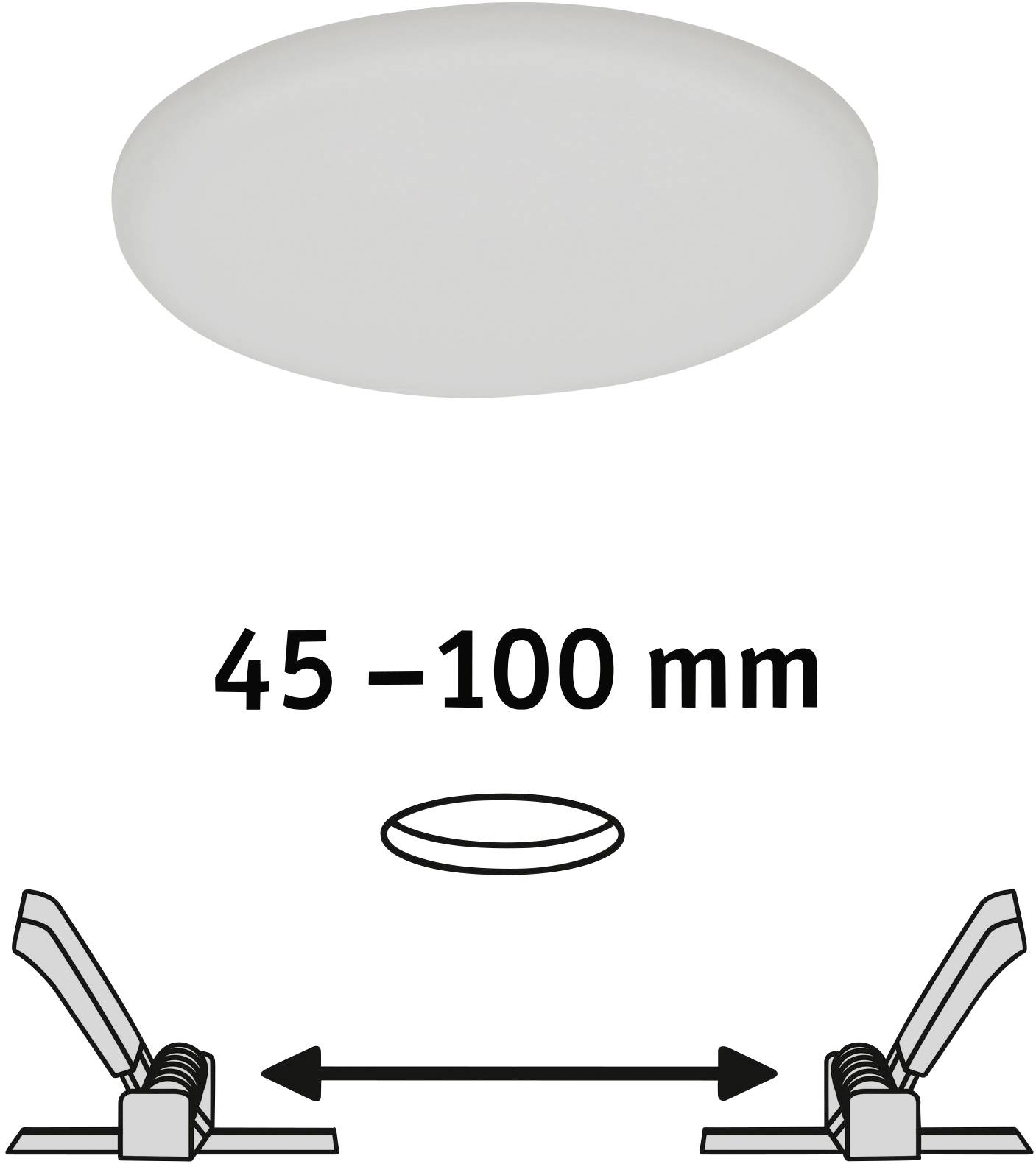 Plafonnier circulaire, diamètre de 45 à 100 mm. Le dessin illustre la méthode de fixation à l'aide de clips expansibles.