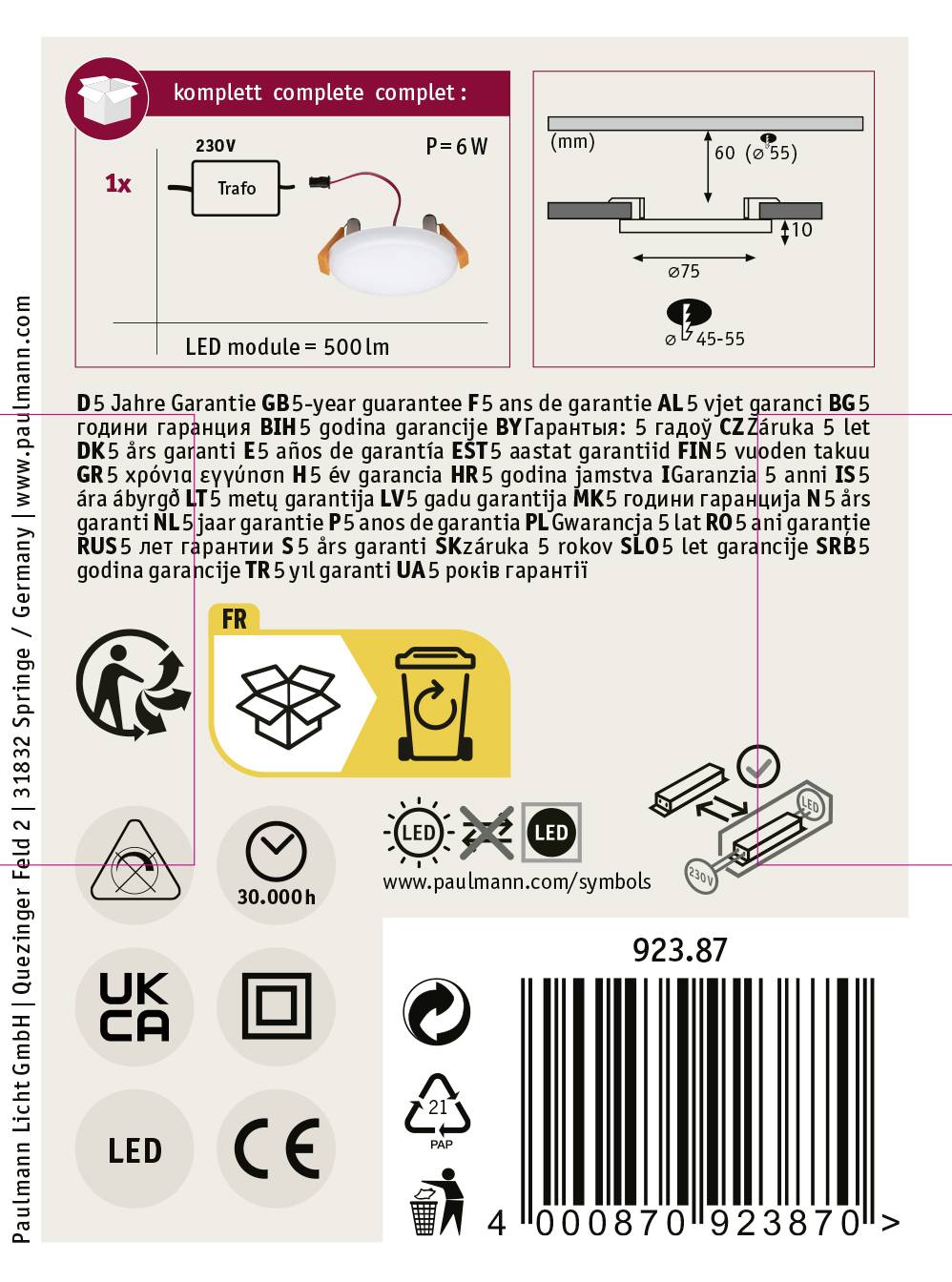 Lampe LED Paulmann, Description du produit avec spécifications : 6W, 500 lm. Informations de garantie multilingues. Fabriqué en Allemagne. Code produit : 92387.