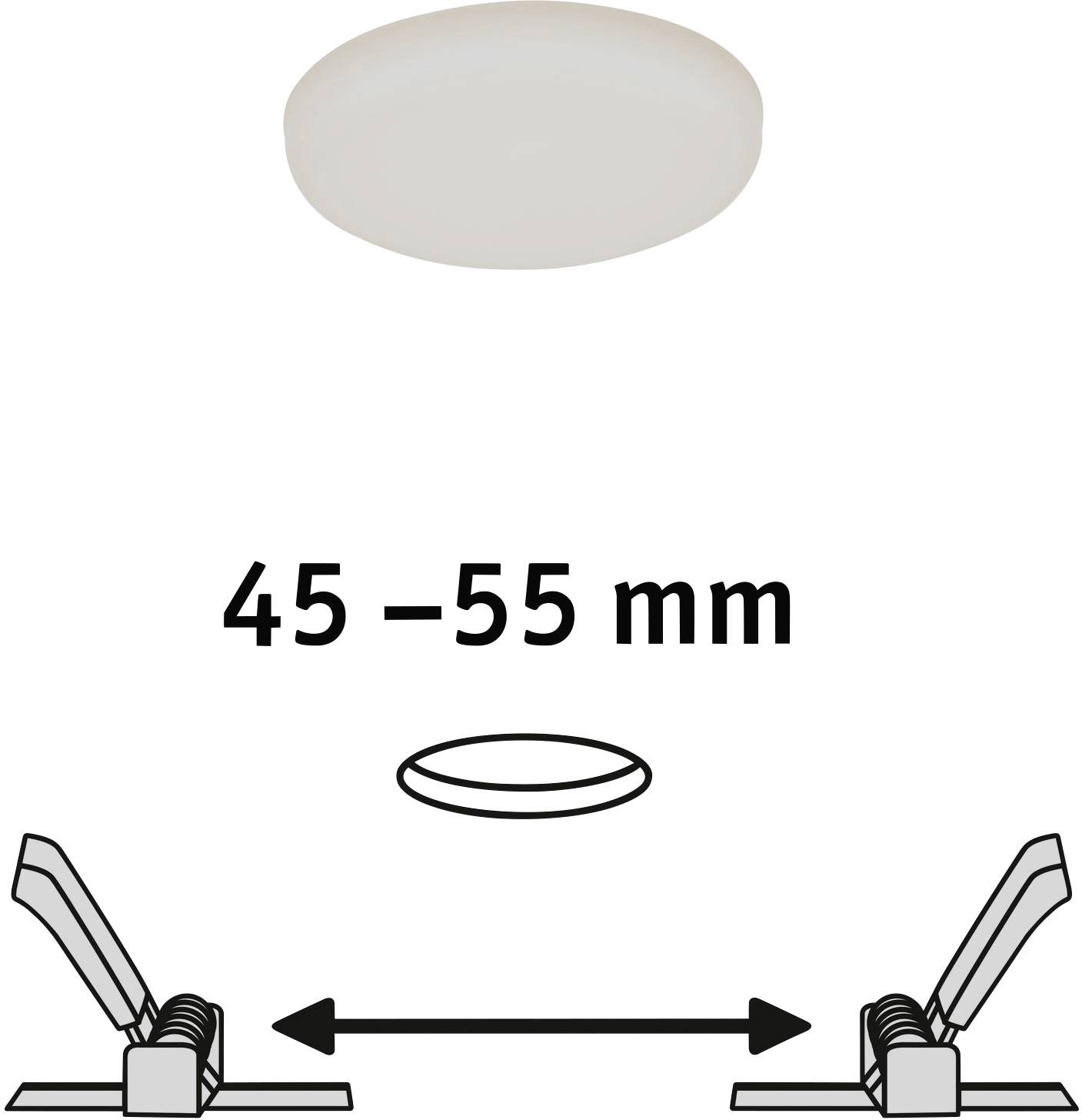 Le diagramme montre un plafonnier circulaire et une échelle de 45 à 55 mm représentant la profondeur d'encastrement possible.