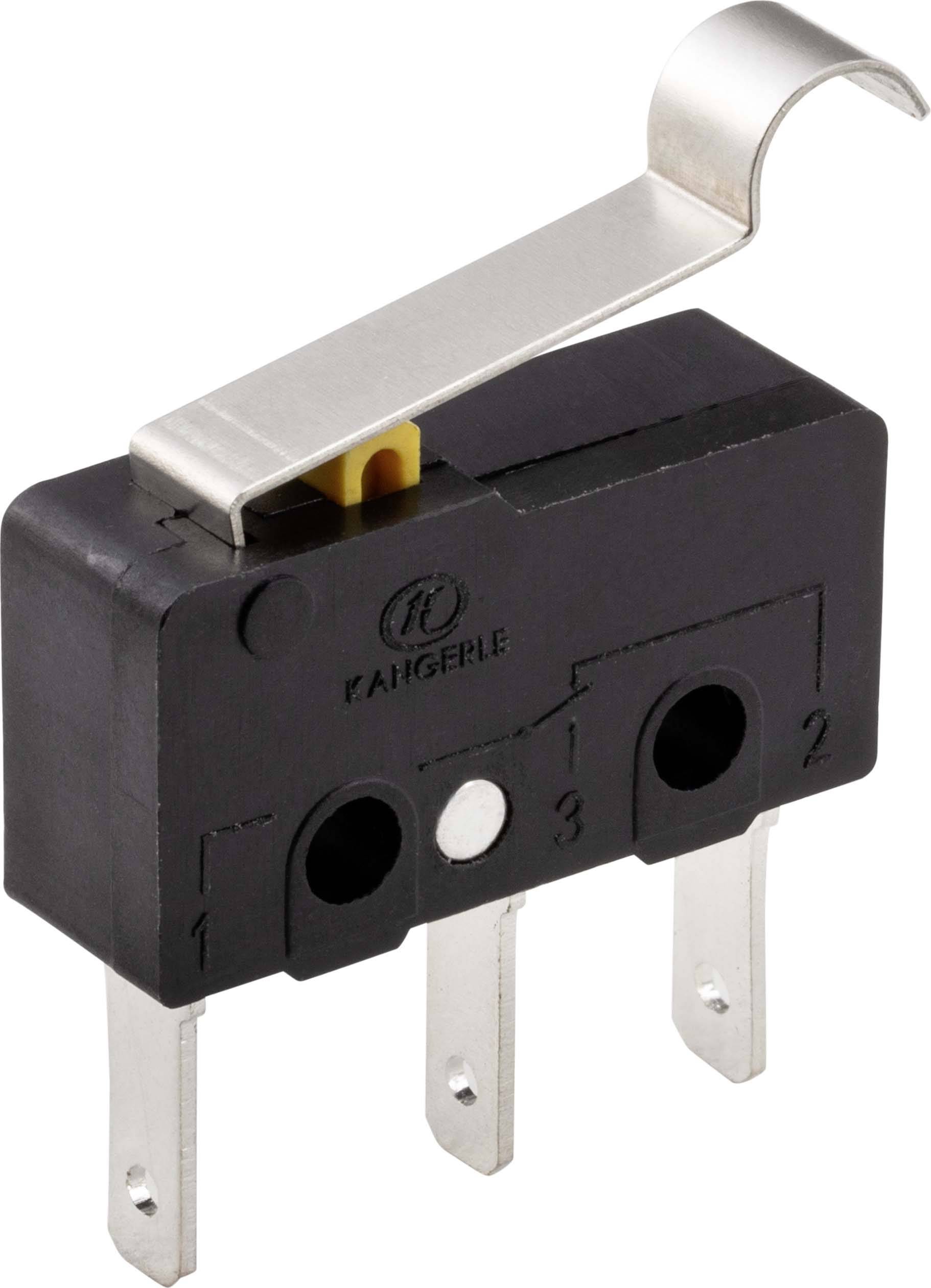 Microrupteur noir avec trois contacts métalliques et bouton rouge, incliné vers le haut. Utilisé dans les appareils électroniques.