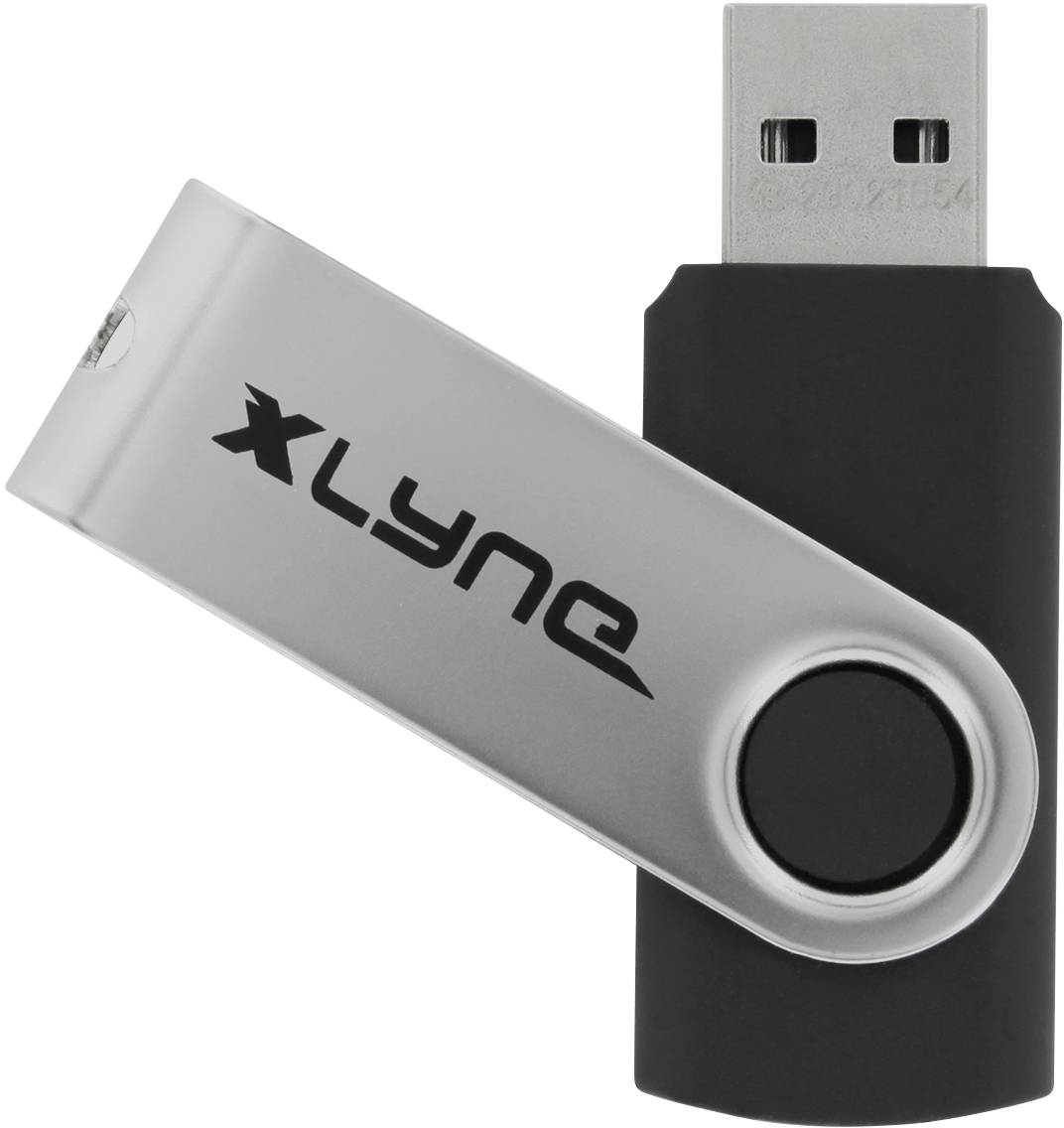 Une clé USB avec un boîtier noir et une housse de protection argentée portant l'inscription 'Xlyne'.