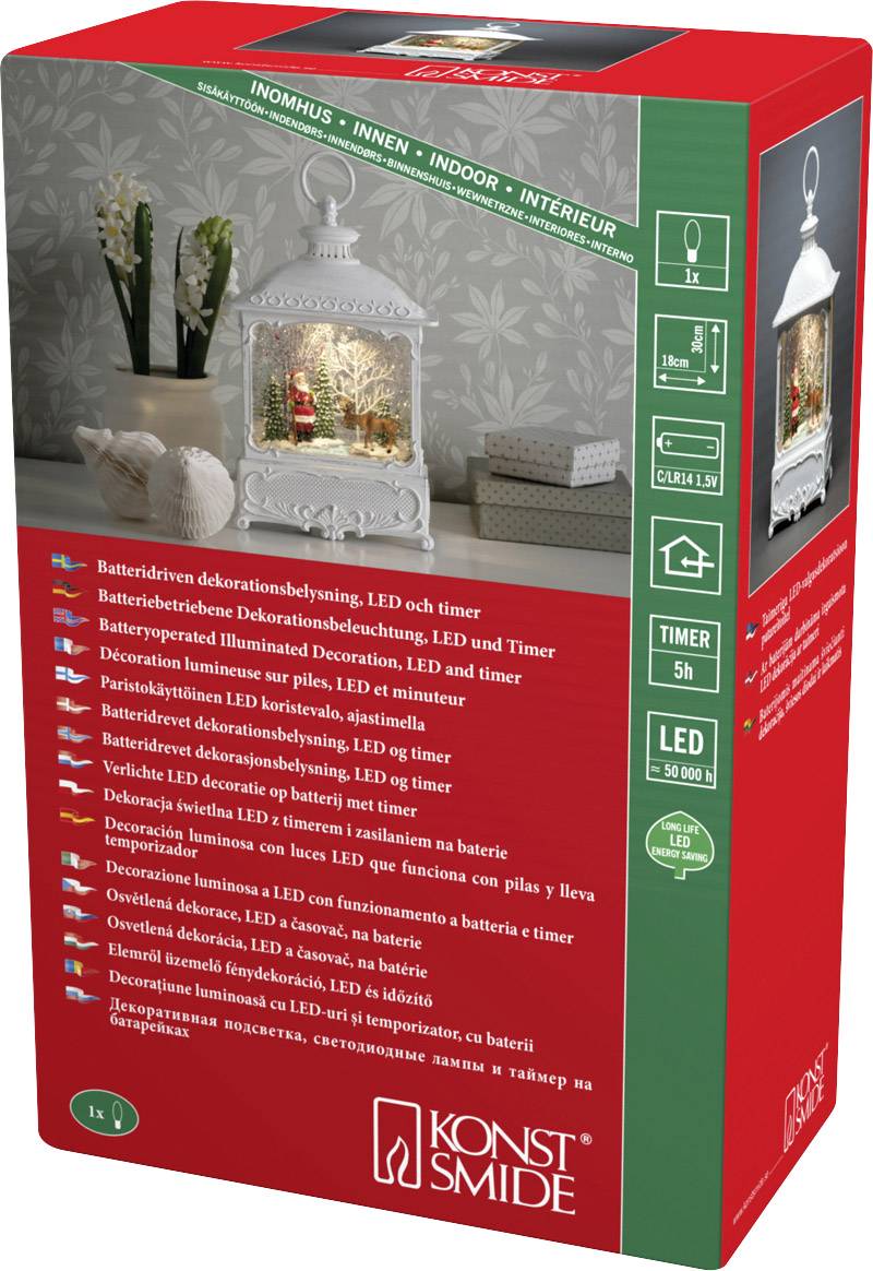 Konstsmide 4397-200 Lanterne à LED papa Noël, élan LED blanc avec interrupteur, minuteur, enneigé