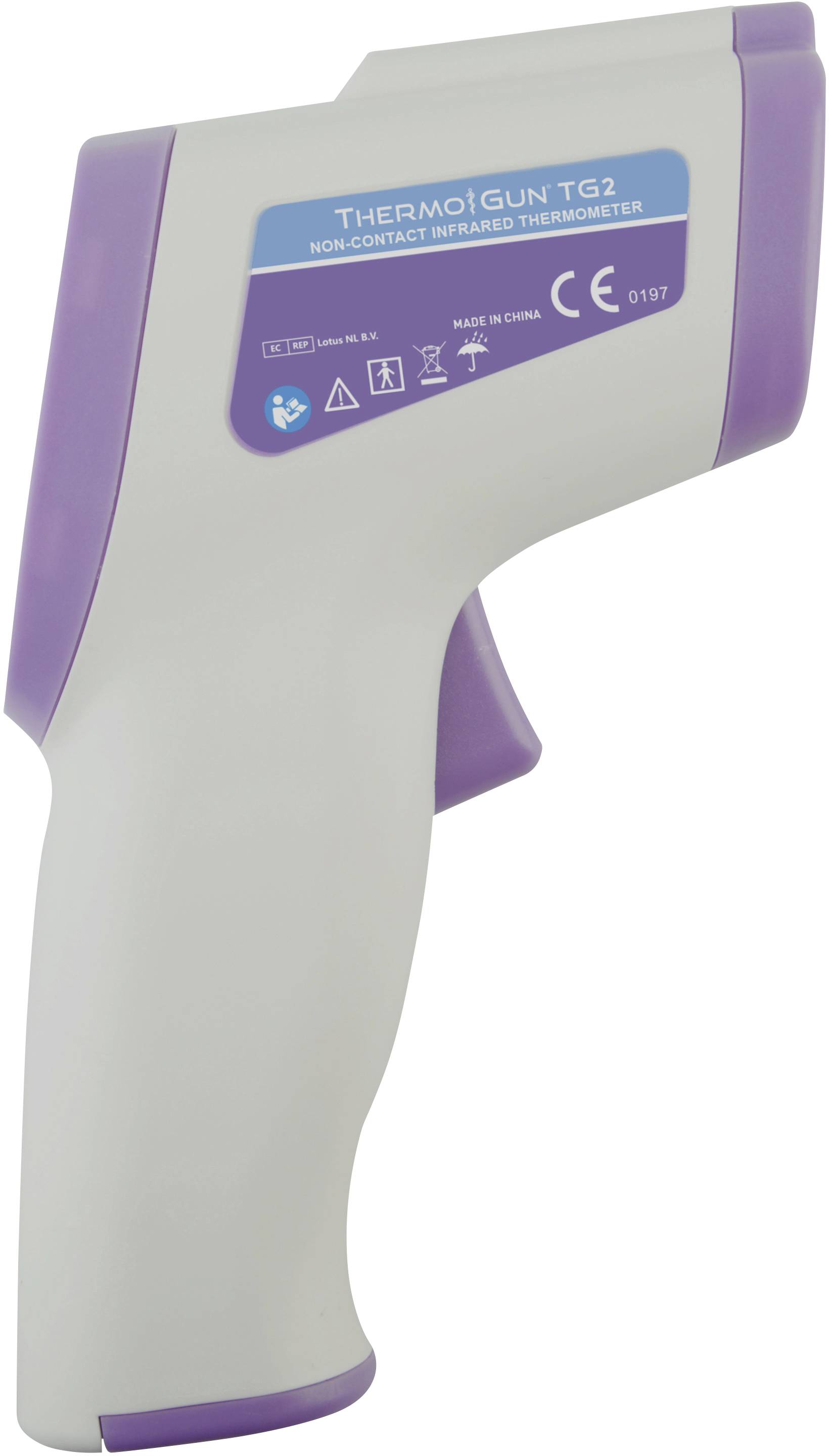 Thermomètre infrarouge de forme pistolet avec des accents violets et l'inscription 'ThermoGun TG2' pour mesurer la température sans contact.