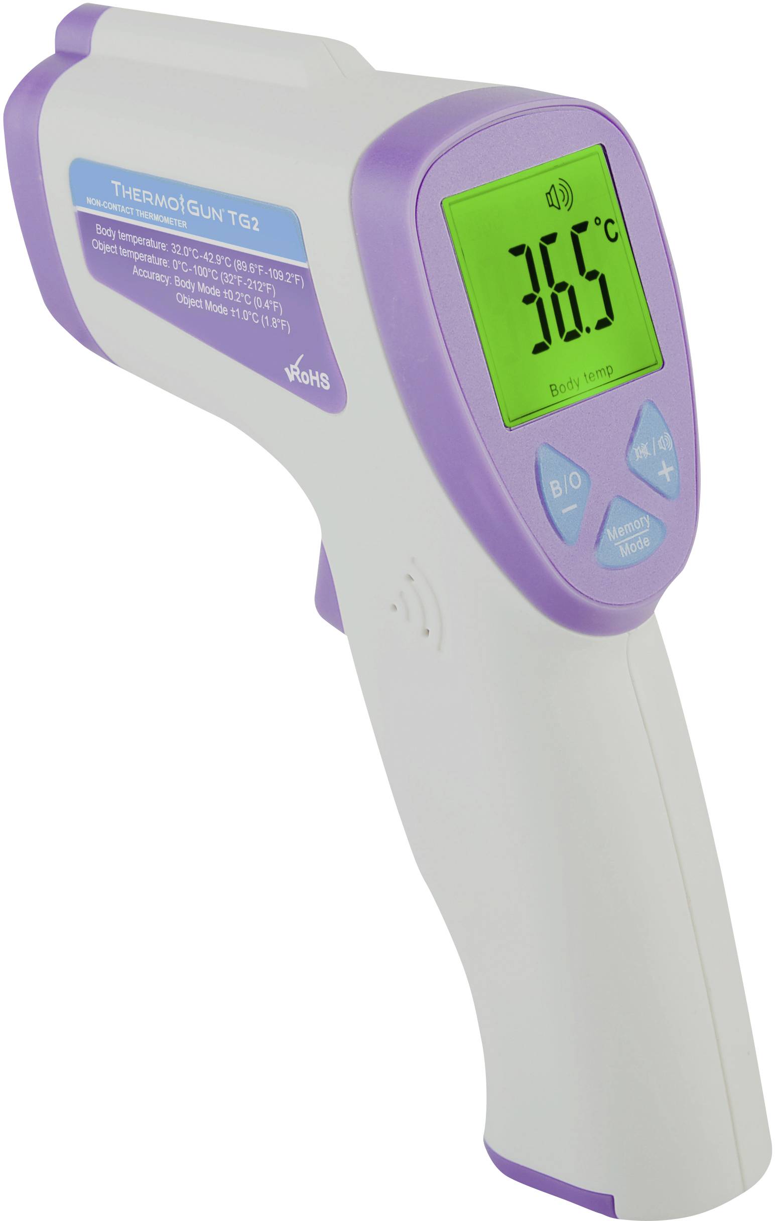 Thermomètre infrarouge sans contact, affichage vert indiquant 36,6 °C, destiné à la mesure rapide de la température.