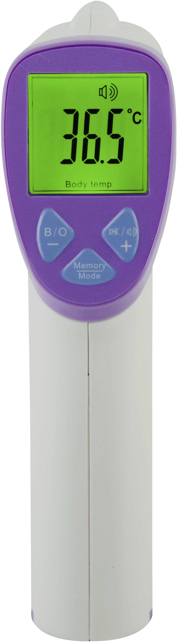Un thermomètre infrarouge affiche 36,5°C sur un écran vert. Le thermomètre est blanc avec des boutons mauves et bleus.