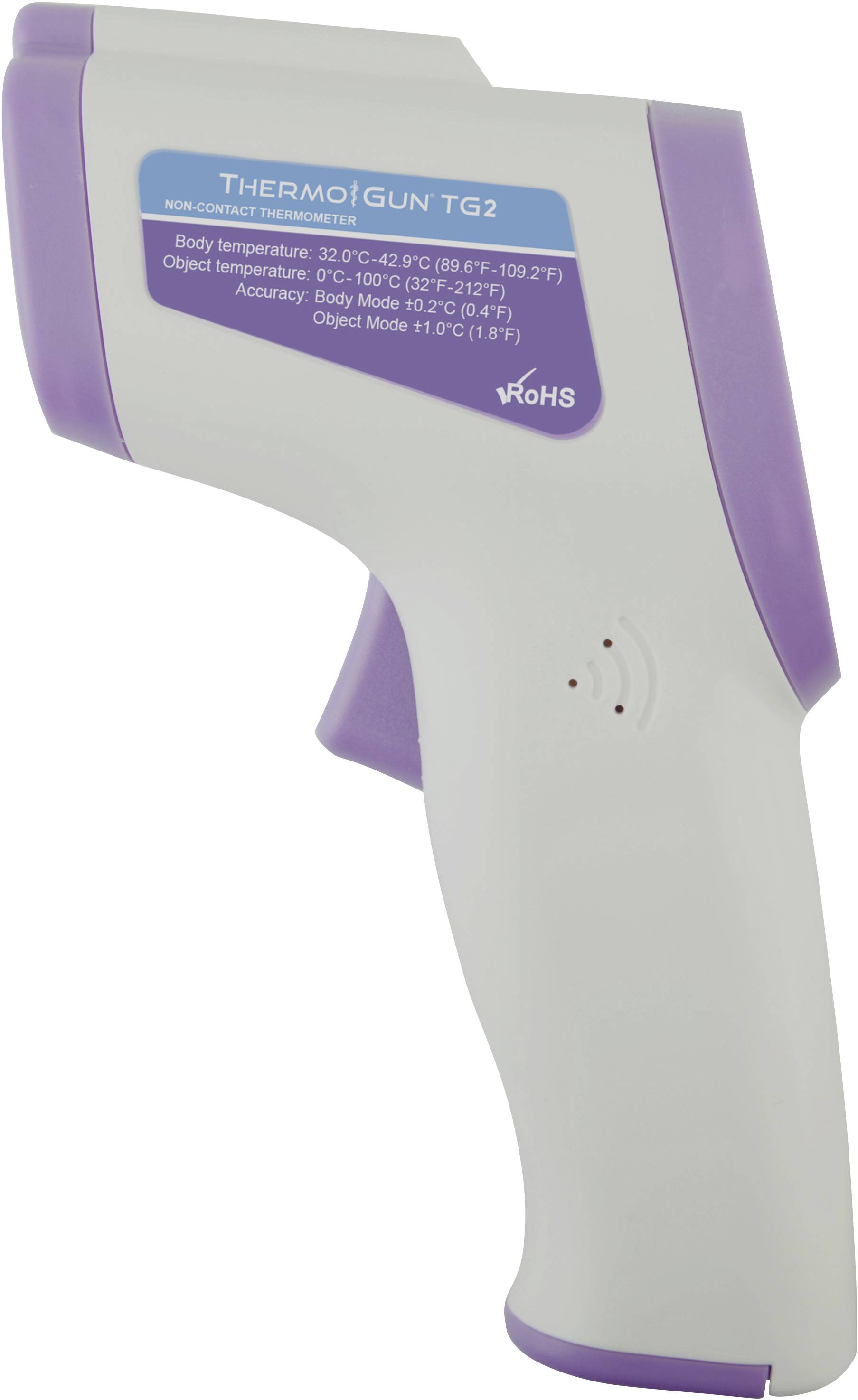 Un thermomètre infrarouge sans contact, de couleur lilas et blanc, pour mesurer les températures corporelles et d'objets.