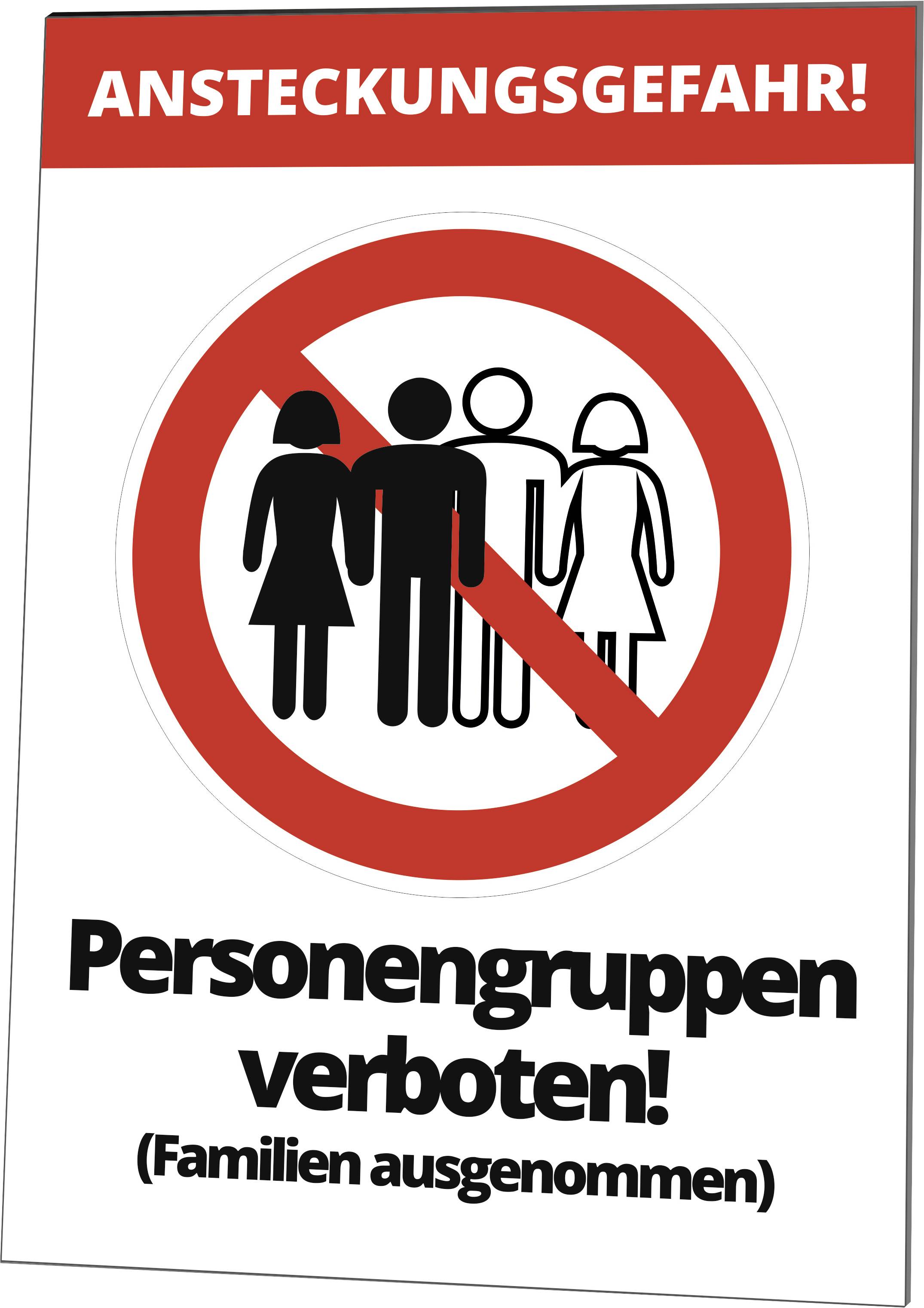 Risque de contamination ! Groupes de personnes interdits (familles exclues).' Un pictogramme représentant trois personnes dans un panneau d'interdiction rouge.