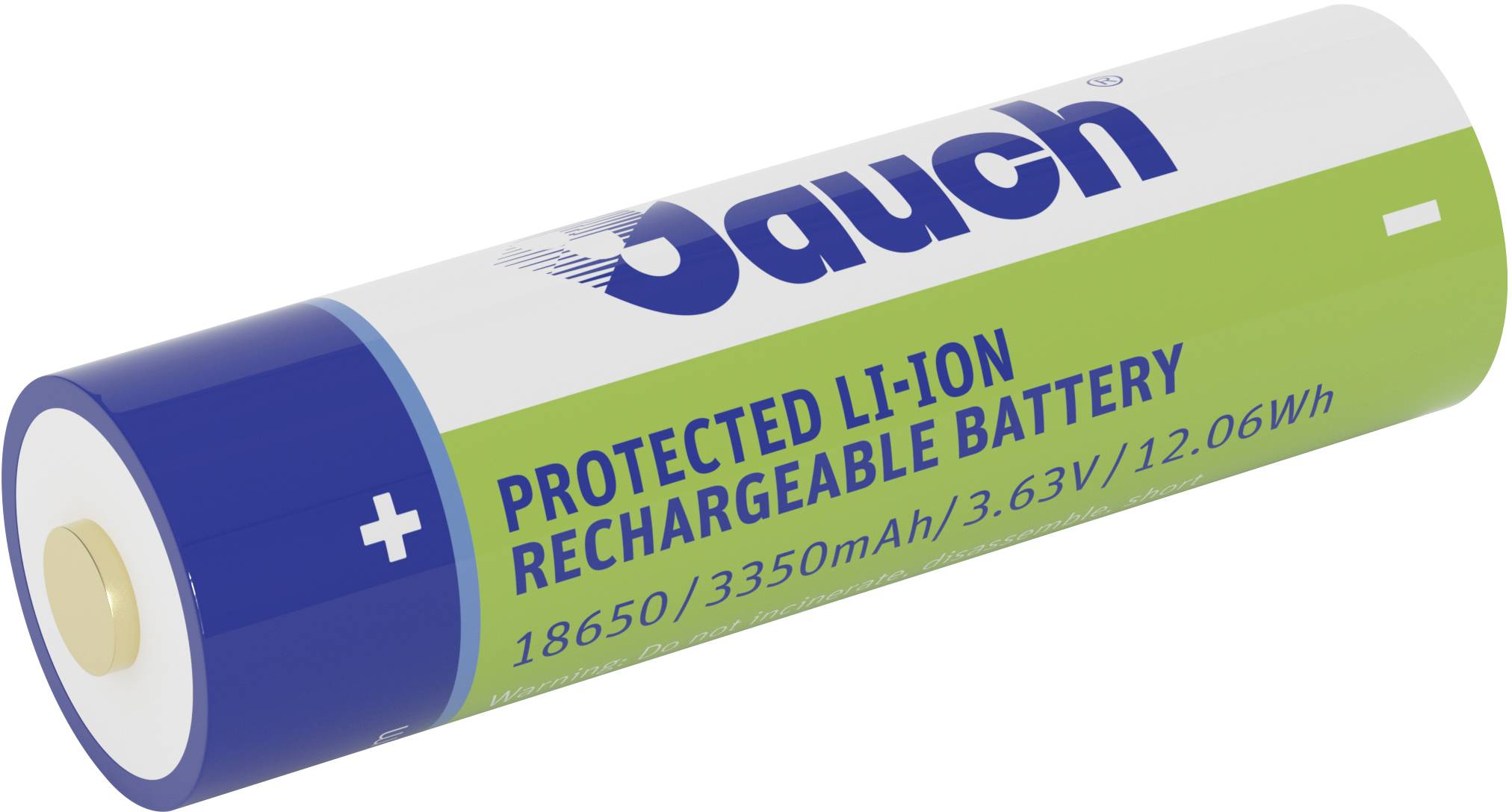Batterie rechargeable Li-ion verte et bleue portant l'inscription « Batterie rechargeable Li-ion protégée 18650/3350mAh/3,63V/12,06Wh ».