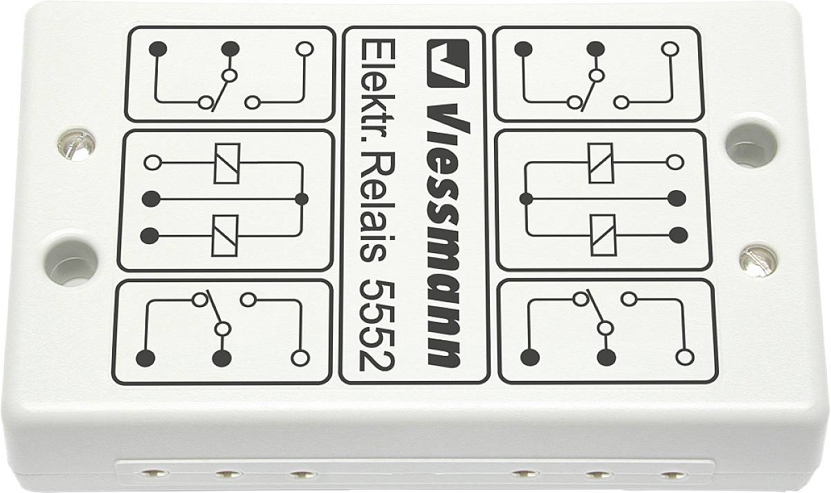 Module électrique rectangulaire avec huit symboles schématiques de circuits et l'inscription 'Viessmann Électr. Relais 5552'.