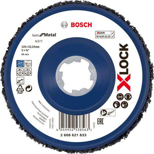 Disque à tronçonner Bosch avec système X-LOCK pour le travail des métaux. Diamètre : 125 mm, épaisseur : 22,23 mm. Différentes certifications visibles.