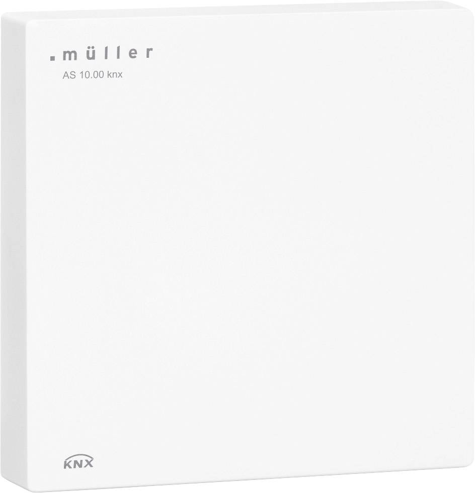 Plaque murale carrée blanche portant l'inscription '.müller AS 10.00 knx' et le logo 'KNX' en bas.