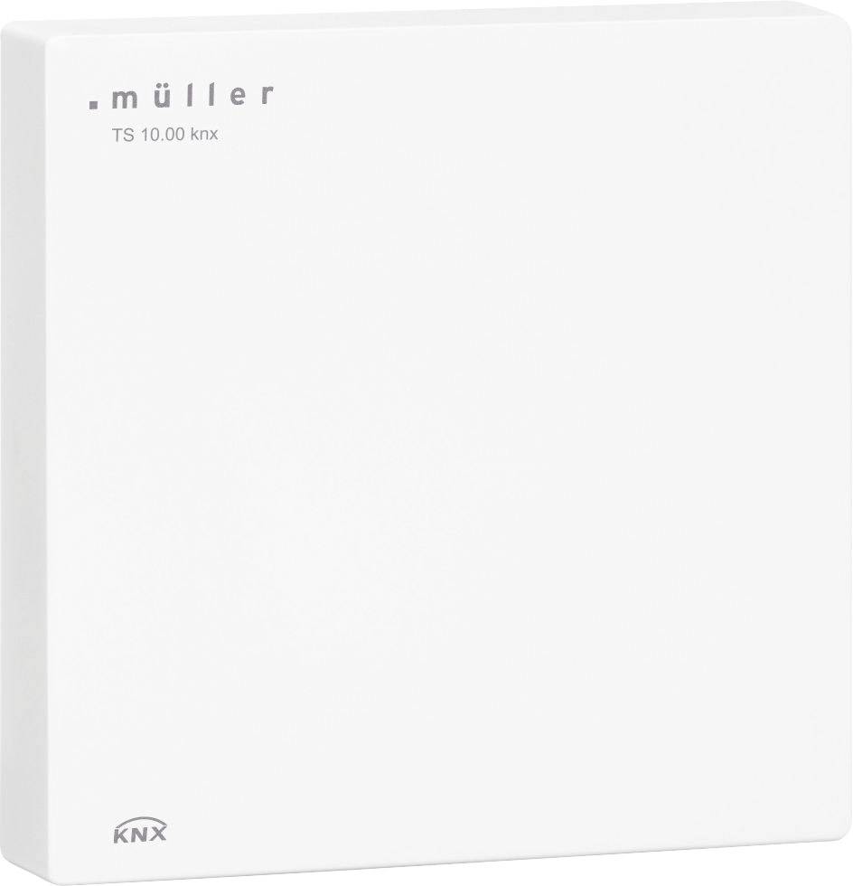 Plaque de capteur rectangulaire blanche portant l'inscription '.müller TS 10.00 knx' et le logo KNX dans le coin inférieur gauche.
