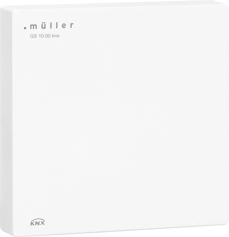 Un module KNX rectangulaire blanc de Müller, modèle GS 10.00 knx, au design épuré avec le logo de la marque en haut à gauche.