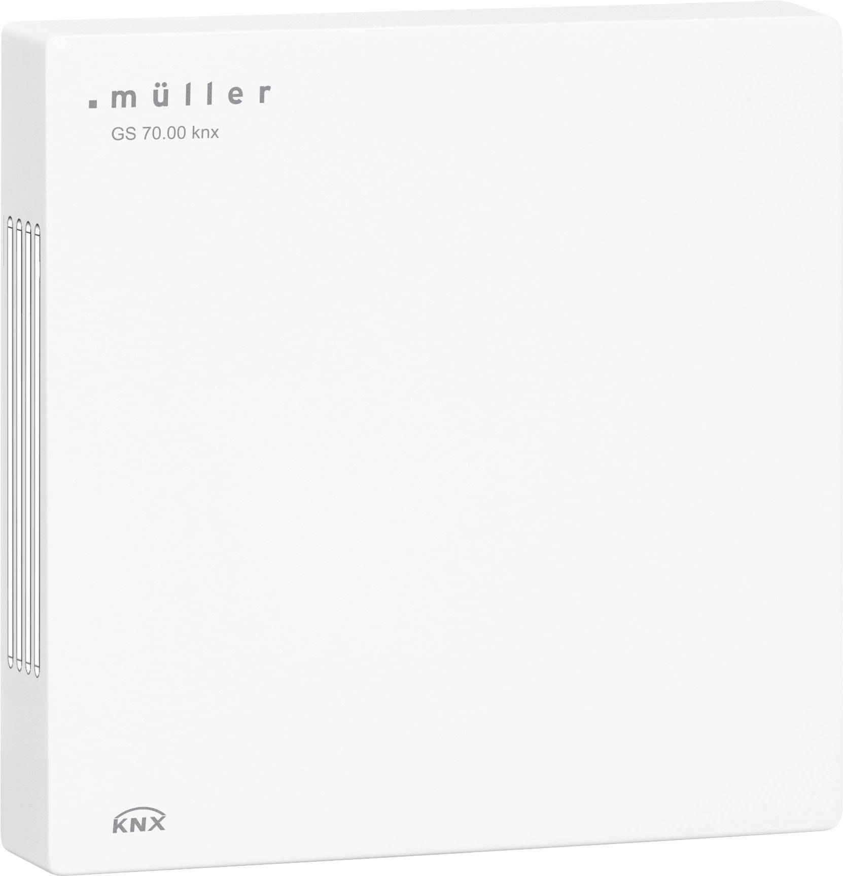 Un appareil blanc portant l'inscription 'müller GS 70.00 knx', probablement un dispositif de commande électronique.