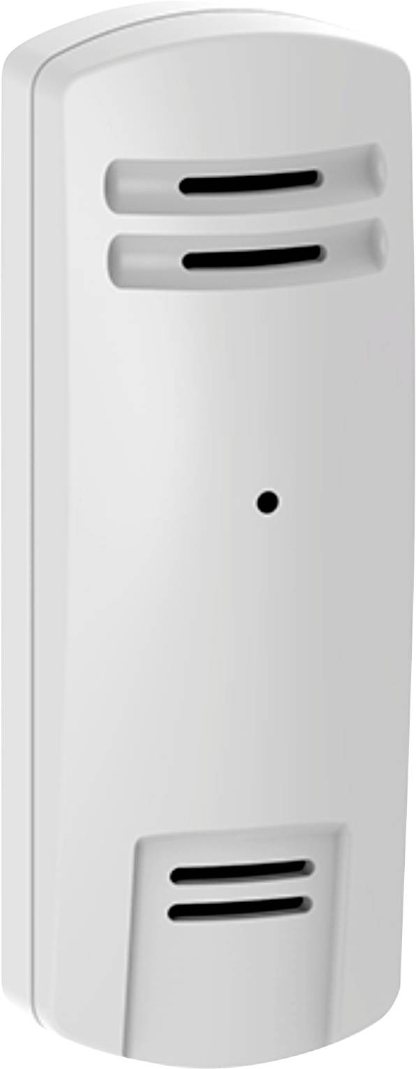 Un capteur blanc et étroit avec des fentes de ventilation en haut et en bas, un petit point au centre. Adapté pour surveiller les conditions environnementales.