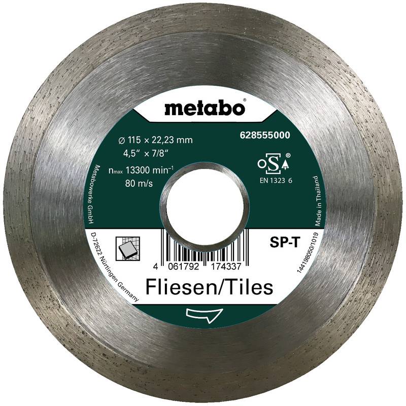 Metabo diamond cutting disc for tiles, labeled 'Fliesen/Tiles', 115 x 22.23 mm, max 13300 rpm and 80 m/s.