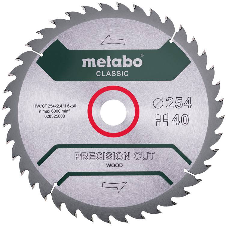 Une lame de scie circulaire de précision pour bois Metabo Classic étiquetée « Ø254 » et « 40 », avec une bague centrale rouge et des dents argentées.