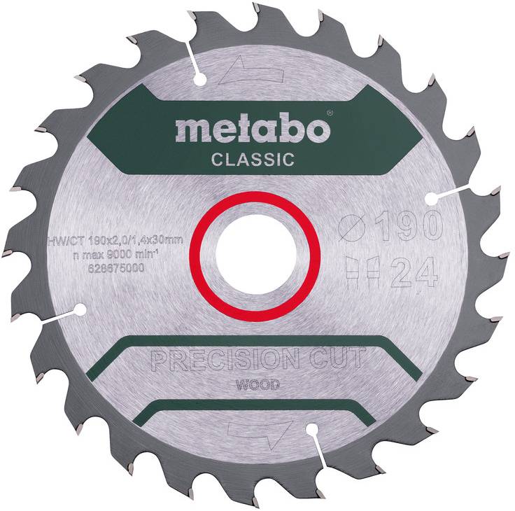 Une lame de scie circulaire de précision Metabo Classic pour le bois, présentée de face avec un diamètre de 190 mm et 24 dents marquées sur la lame.