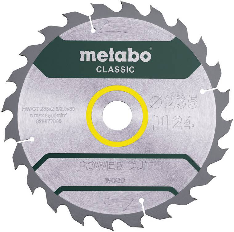 Lame de scie circulaire Metabo Classic Power Cut pour bois avec 24 dents, marquée 235 mm, vue de face sur un fond blanc.